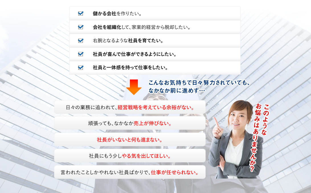 儲かる会社を作りたい。会社を組織化して、家業的経営から脱却したい。右腕となるような社員を育てたい。社員が喜んで仕事ができるようにしたい。社員と一体感を持って仕事をしたい。